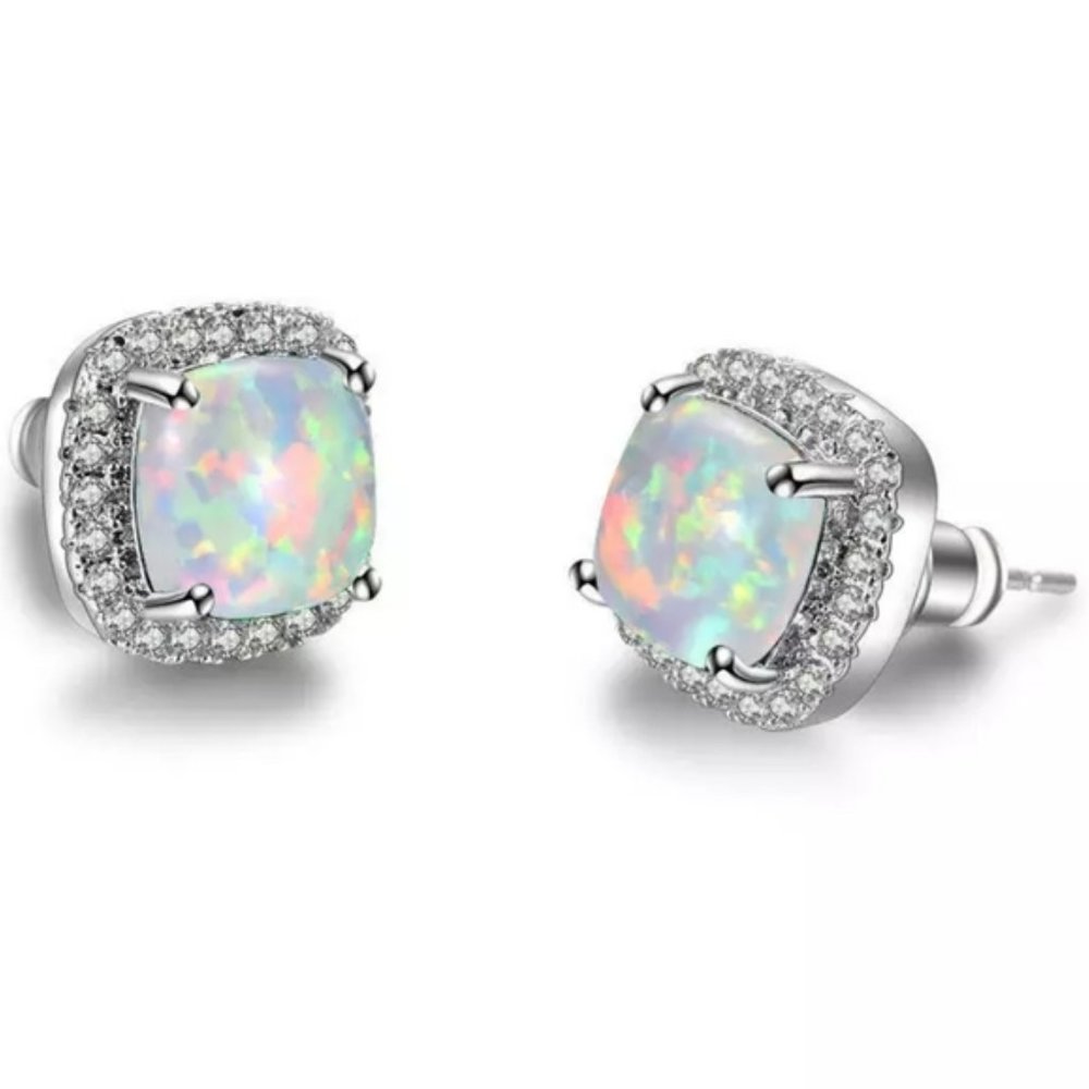 *18K White Gold White Opal Diamond Halo Earrings - Picture 5 of 6